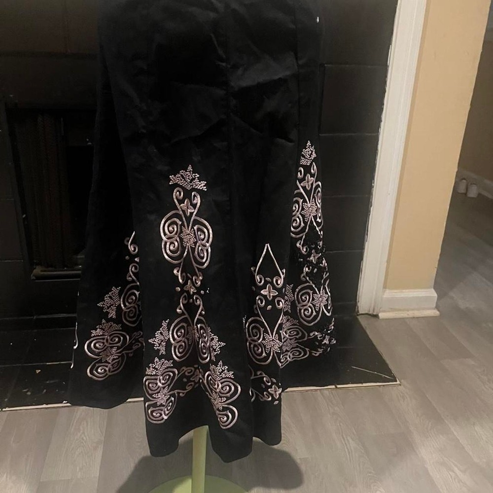 Black maxi skirt with white floral and scrollwork embroidery Coquette